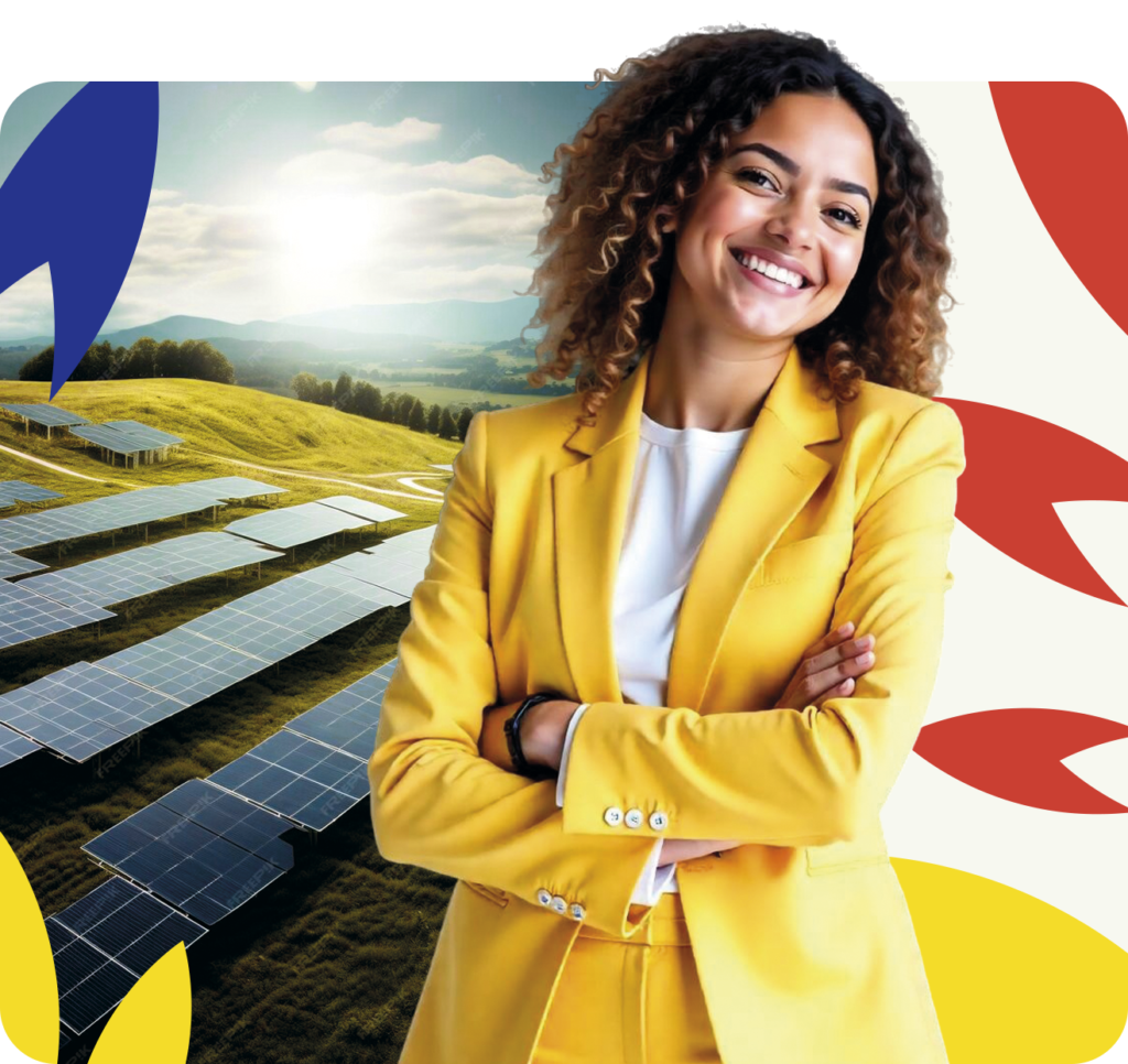 Mulher sorrindo com usina solar ao fundo - IES Energia Solar